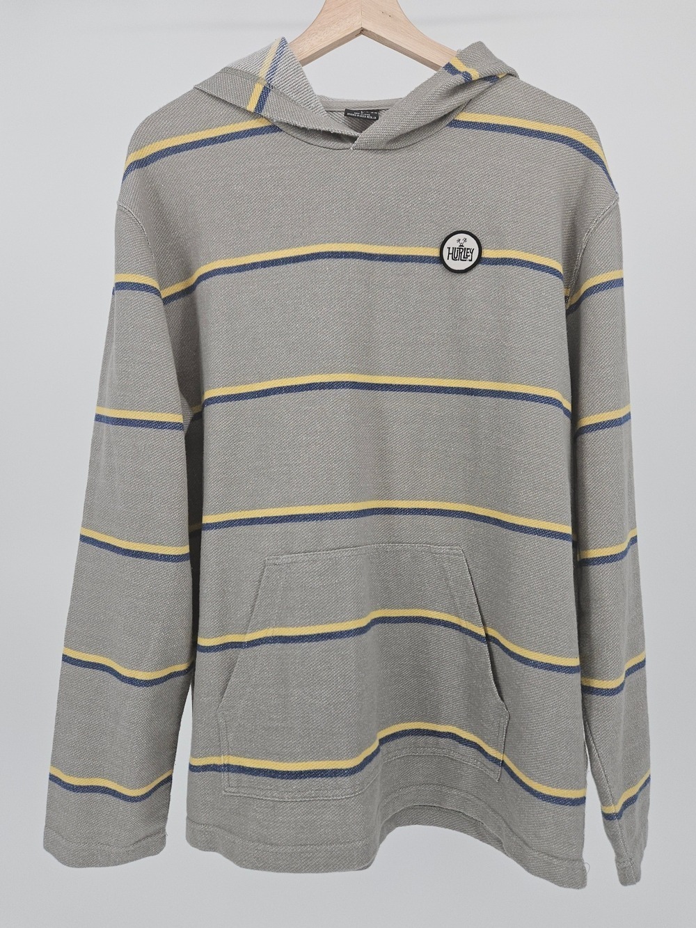 Hurley Gray Yellow Blue Striped Hooded Pullover Sweater Large